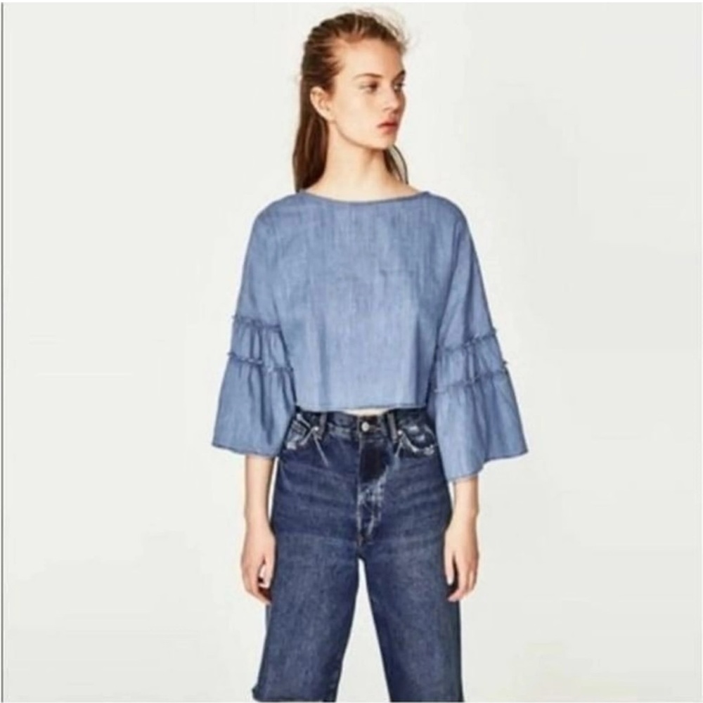 Zara Trafaluc Women’s DenimWear Crop Top Bell Sleeves cropped chambray boho XS‎